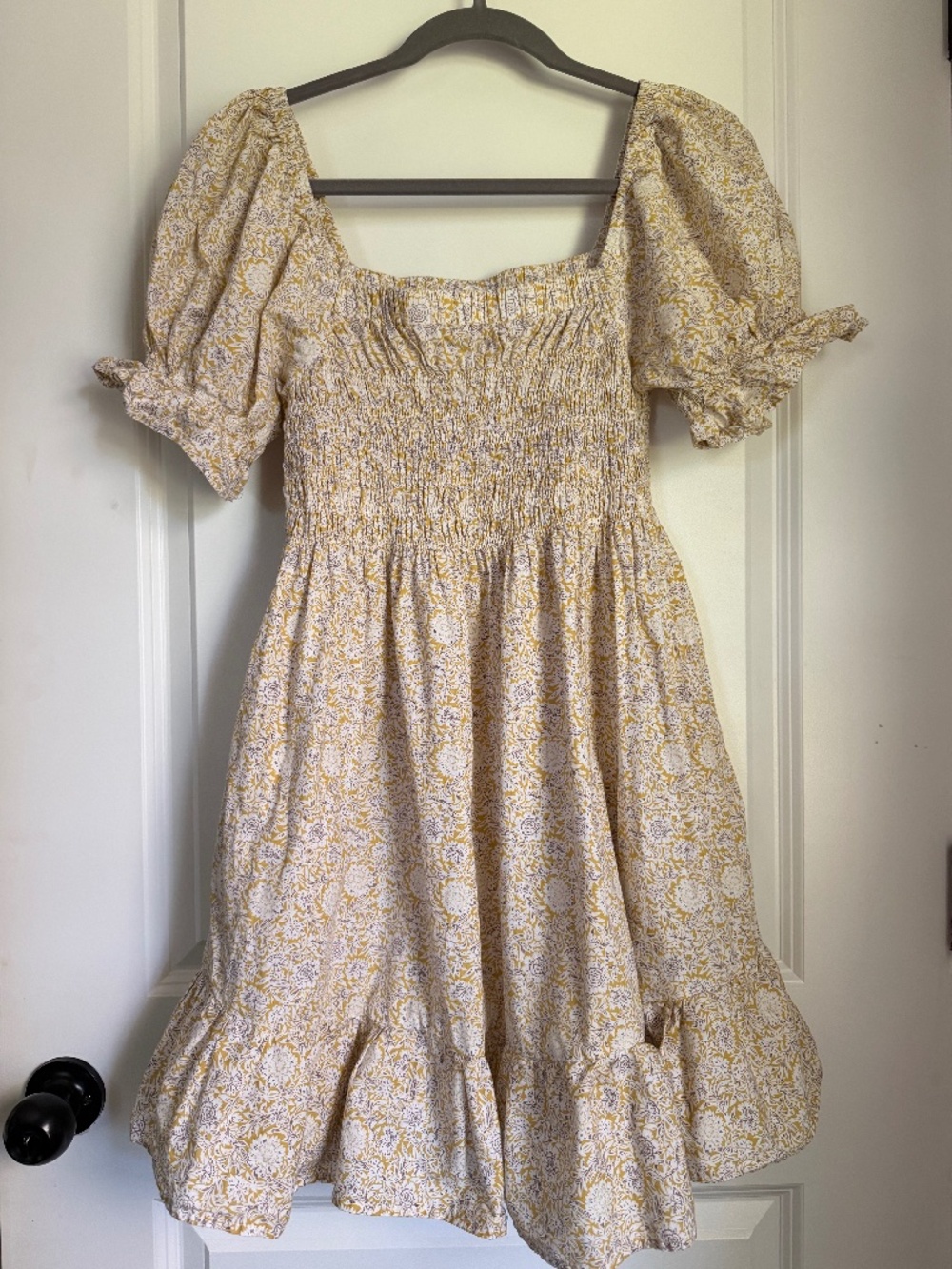 Cottagecore Floral Babydoll Dress Puff Sleeve Ruffle Hem Butter Yellow